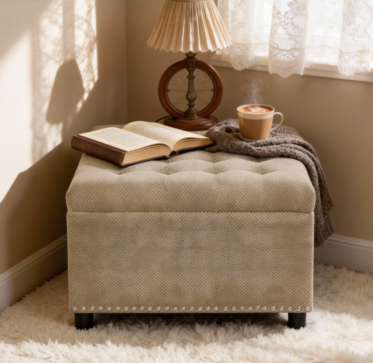 MARLO Square Storage Ottoman – 76cm, Studded Trim, Camel