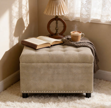 MARLO Square Storage Ottoman – 76cm, Studded Trim, Camel