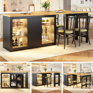 Extendable Sideboard & Dining Table with LED Lights – 120 to 197cm, Glass Shelves, White & Black