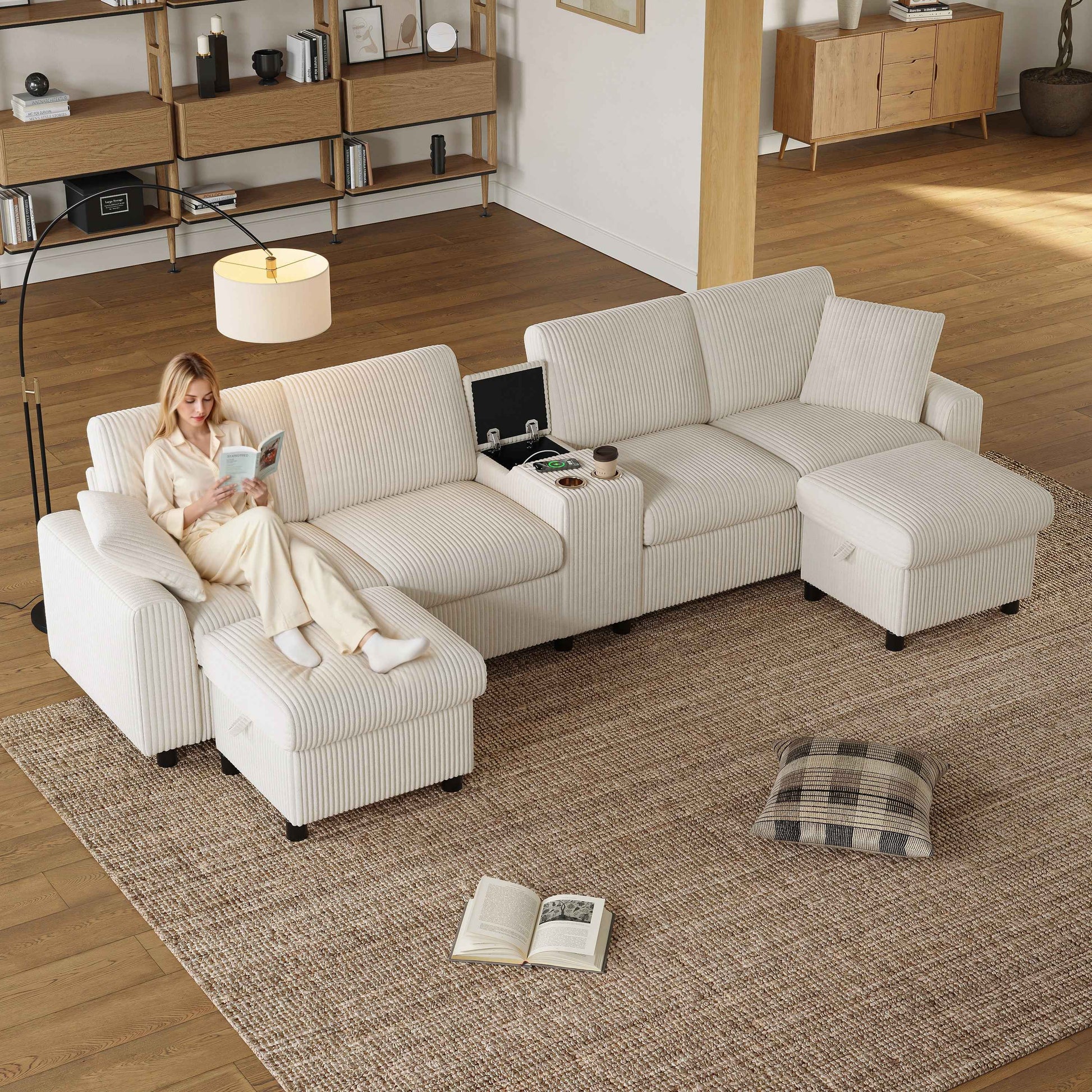 VANELY Comfy Corduroy U-shaped Sectional Sofa With 2 Movable Storage Ottomans, 315 X 135 X 81 CM