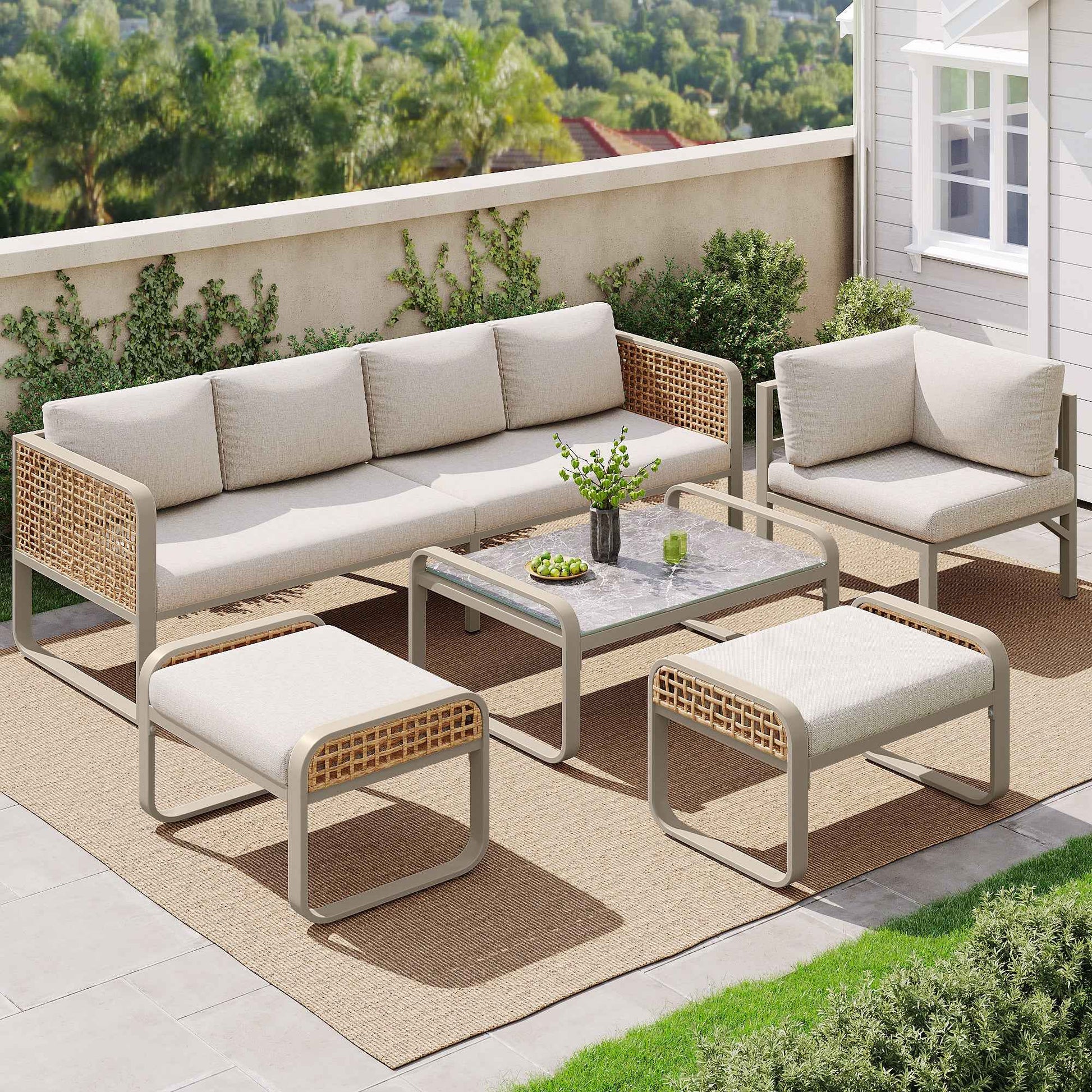 RIDO Outdoor Garden Lounge Set, Rattan Furniture Set For 6-7 People  Beige