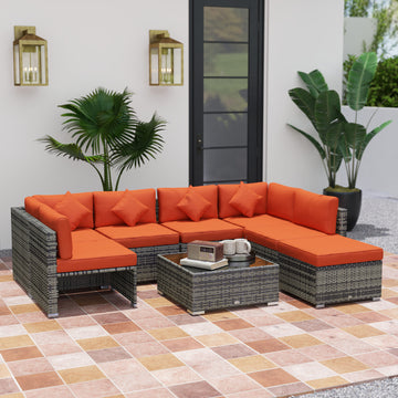 Eight-Piece Rattan Sofa Set - Orange/Grey
