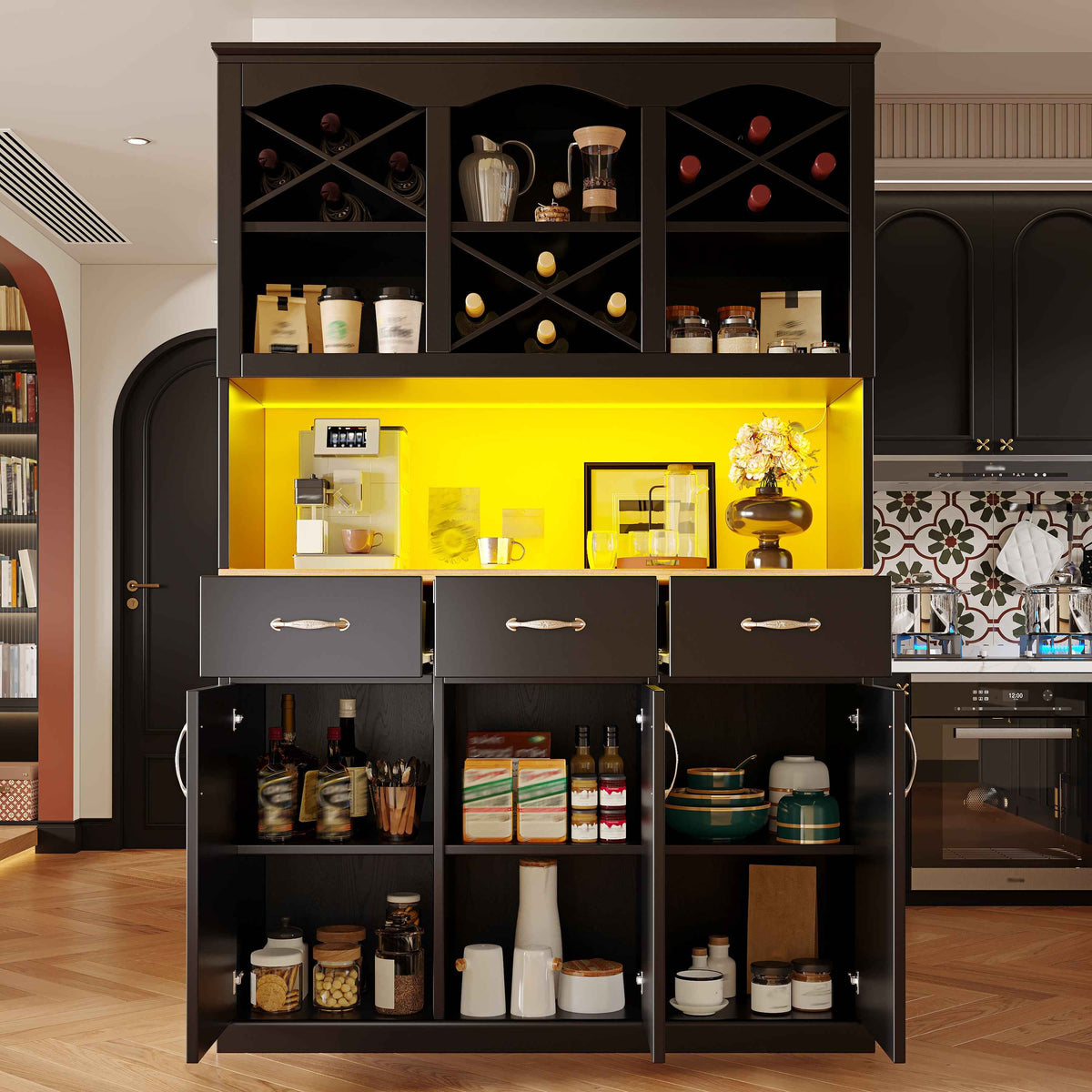 Tall Kitchen Cabinet 120x40x180cm | 3 Doors, 3 Drawers & App-Controlled LED, Black