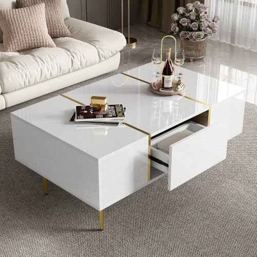 White & Gold Coffee Table | High-Gloss, 2 Drawers, 100x60cm