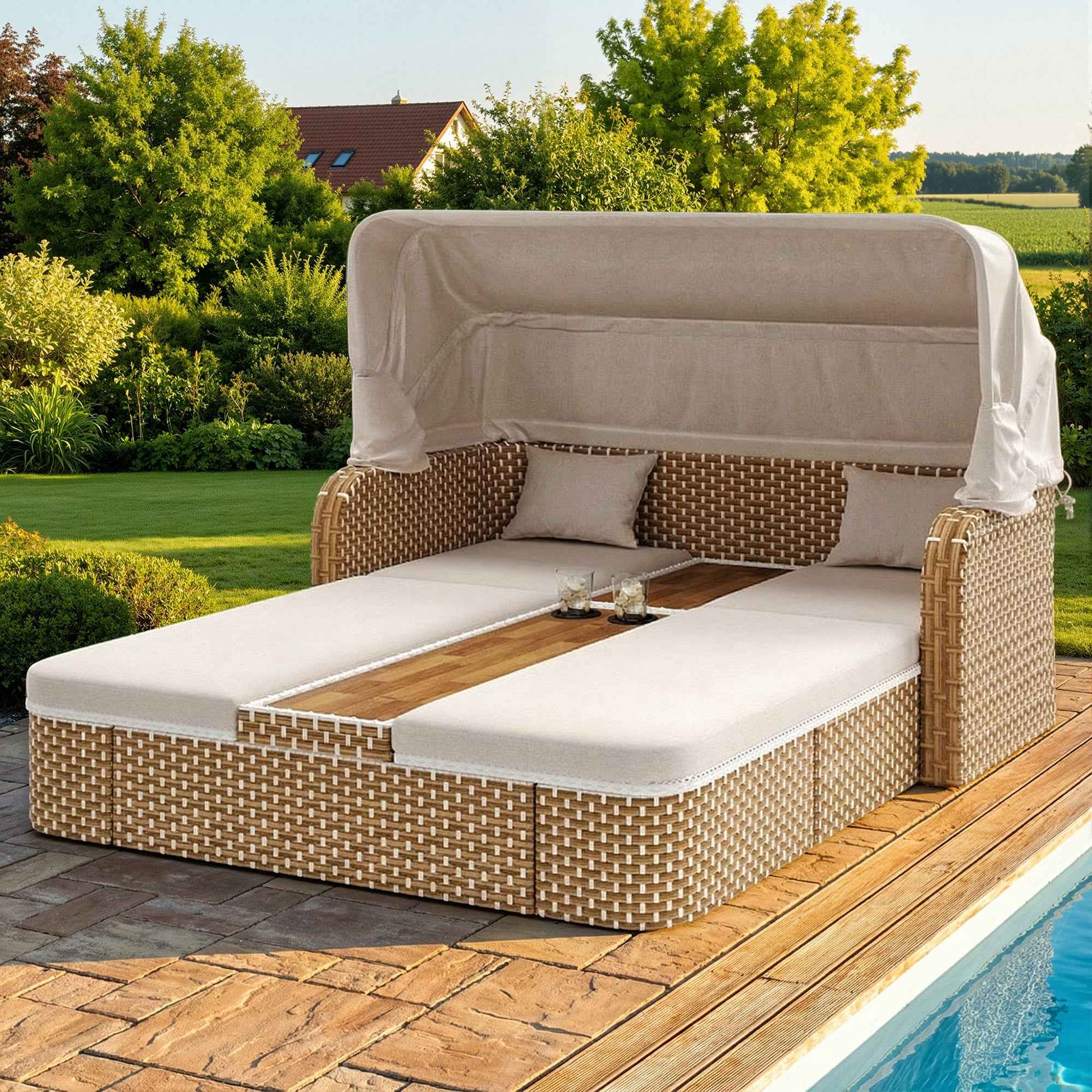 Outdoor Wicker Double Chaise Lounge With Adjustable Canopy, 5-Position Reclining Backrests, Built-in Cup Holders, For Patio & Poolside