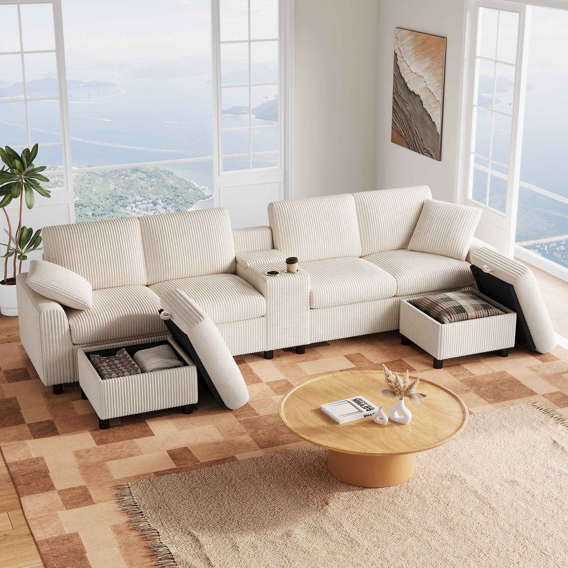 VANELY Comfy Corduroy U-shaped Sectional Sofa With 2 Movable Storage Ottomans, 315 X 135 X 81 CM