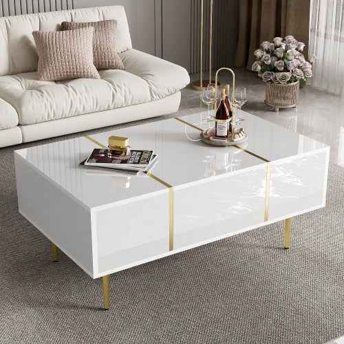 White & Gold Coffee Table | High-Gloss, 2 Drawers, 100x60cm