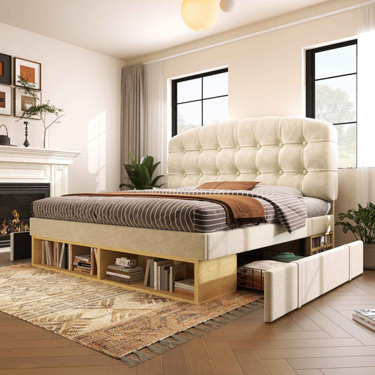 Upholstered King Bed With Storage Compartments And Drawers, 5ft King Bed With Adjustable Headboard, 150 X 200 Cm, Velvet, Beige   No Mattress