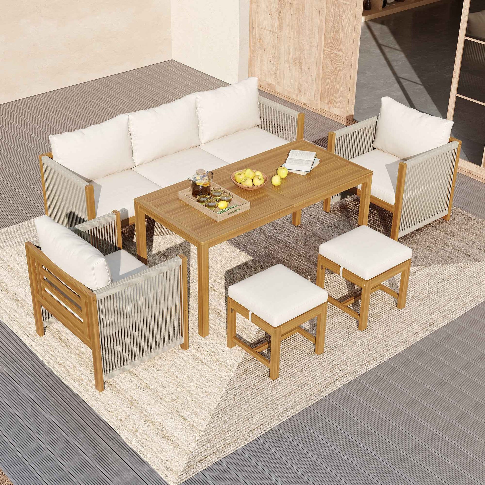 7-Seater Garden Lounge & Dining Set, Acacia Wood Frame Outdoor Patio Furniture