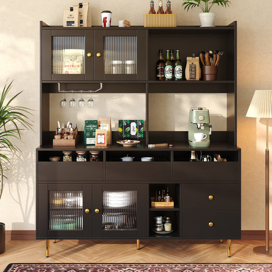 Black & Gold Display Cabinet – 145 x 39 x 171cm, Fluted Glass Doors & Wine Glass Holder