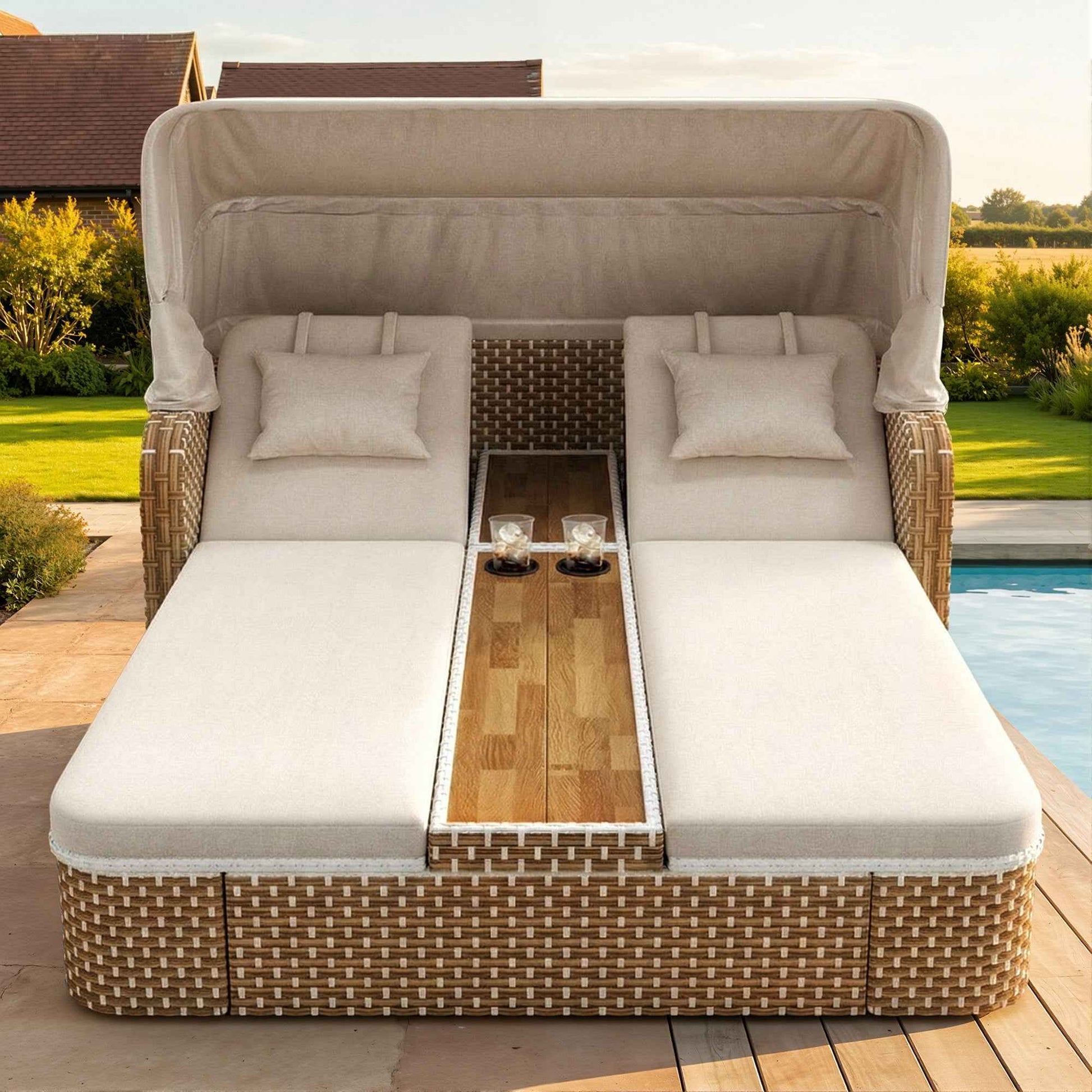 Outdoor Wicker Double Chaise Lounge With Adjustable Canopy, 5-Position Reclining Backrests, Built-in Cup Holders, For Patio & Poolside