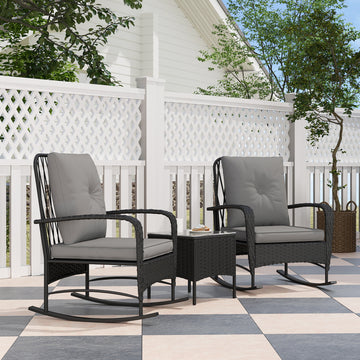 Three-Piece Rocking Chair Rattan Bistro Set - Black