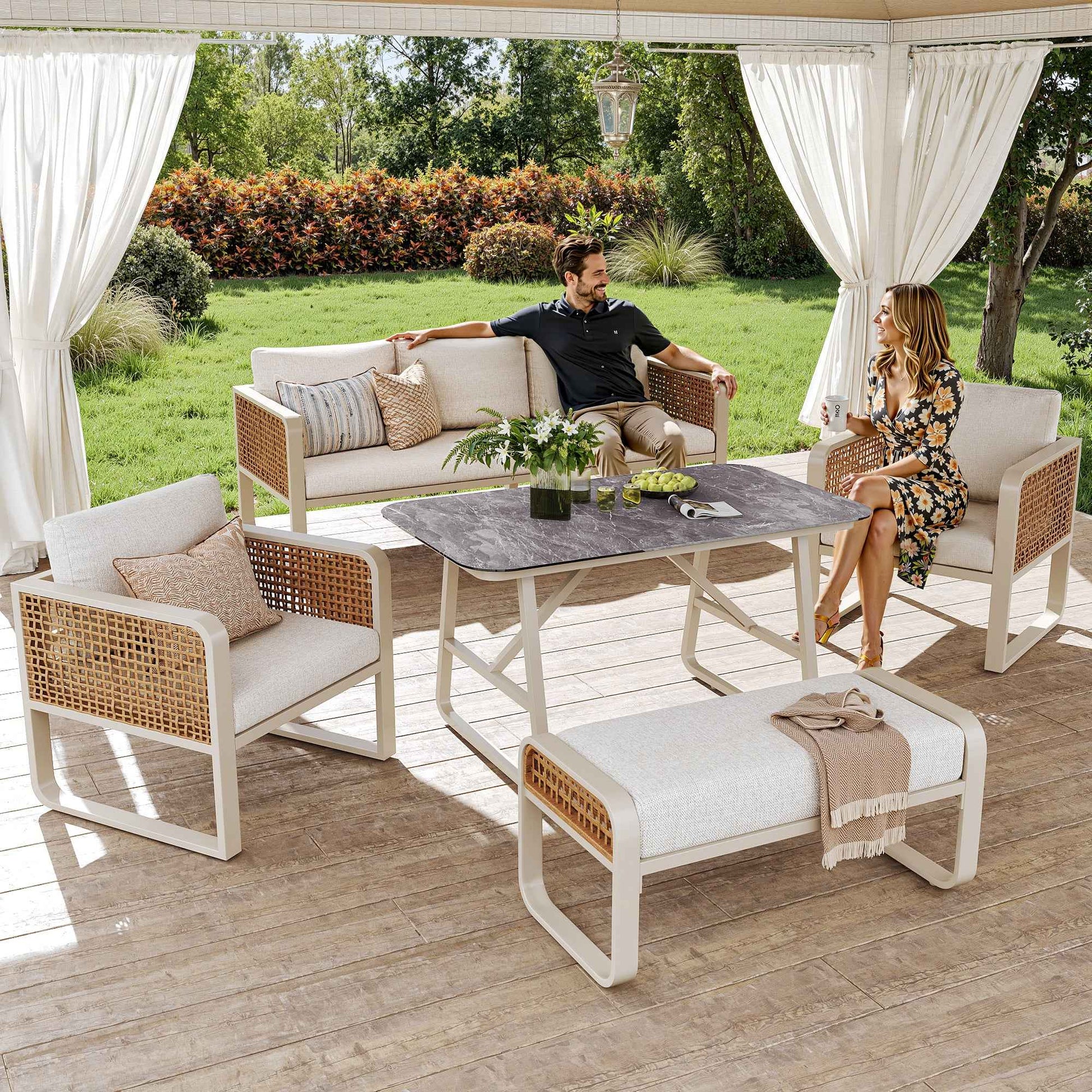Garden Lounge Set For 6-7 People, PE Rattan Seating Group Incl. Side Table Beige