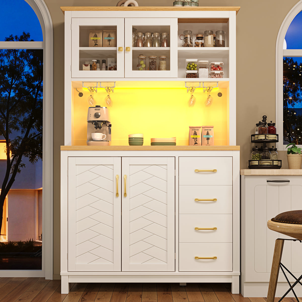 Tall Farmhouse Kitchen Cabinet with LED Lights – 105.5 x 40 x 180cm, 4 Doors, White