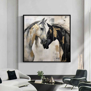 Hand-Painted  Canvas Wall Art Modern Black And White Horses