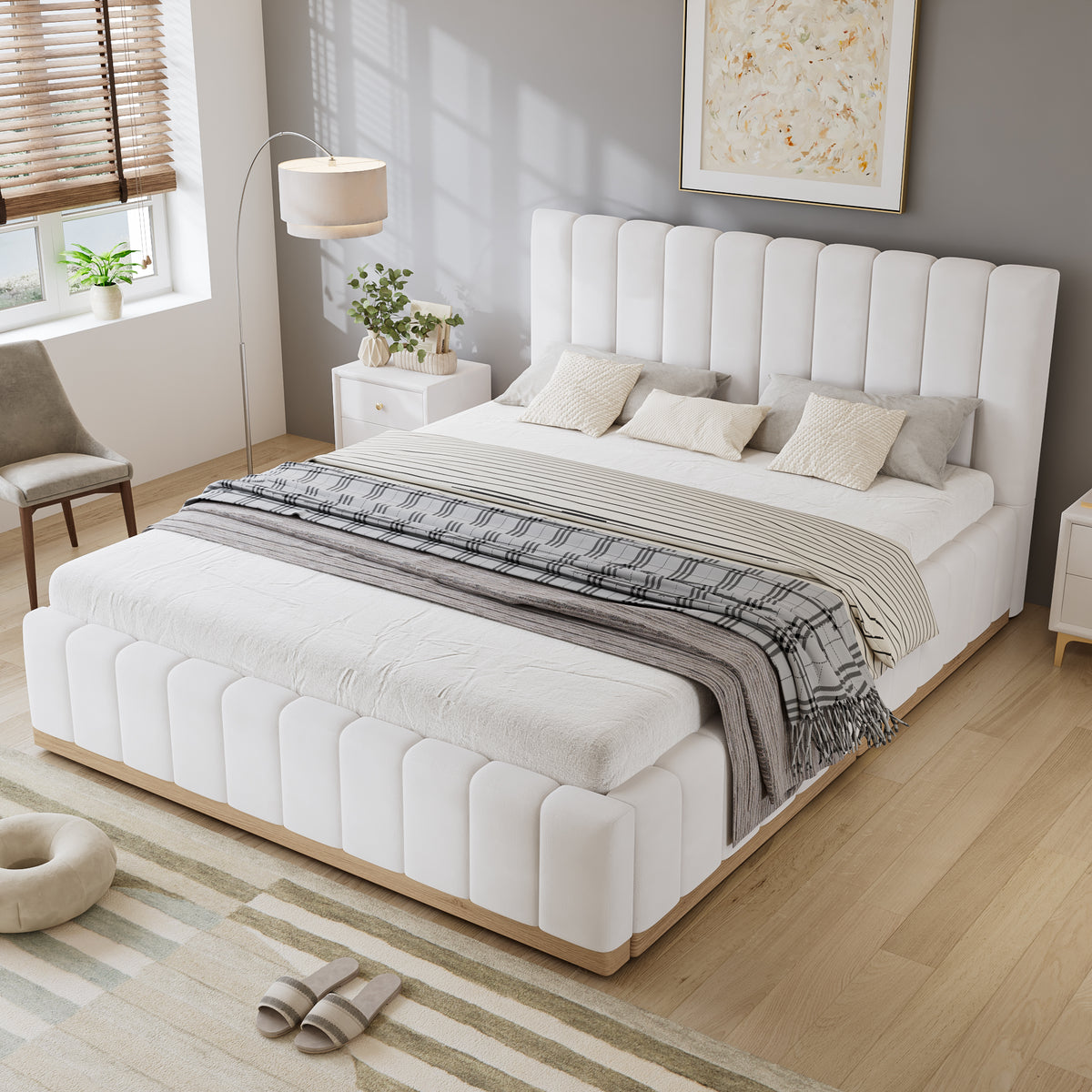 Beige Faux Leather Double Bed Frame – 4ft6 (135 x 190cm), Padded Headboard