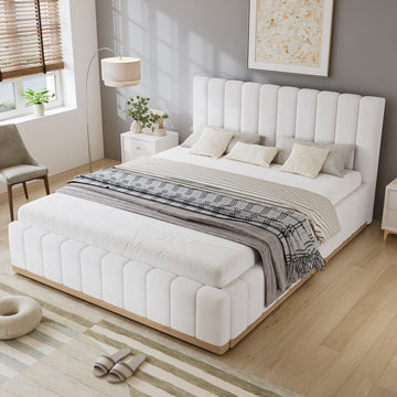 Beige Faux Leather Double Bed Frame – 4ft6 (135 x 190cm), Padded Headboard