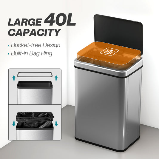 40L Sensor Bin With Quiet Soft-Close Lid, Automatic Touchless Motion Sensor Silver