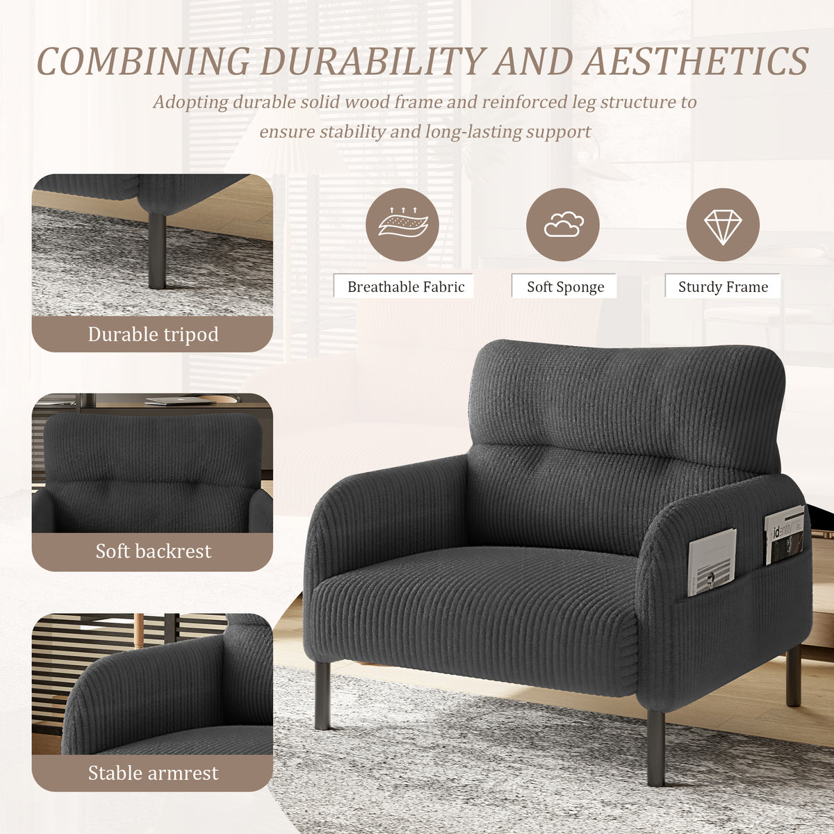 Grey Corduroy Wide-Seat Armchair with Side Pockets