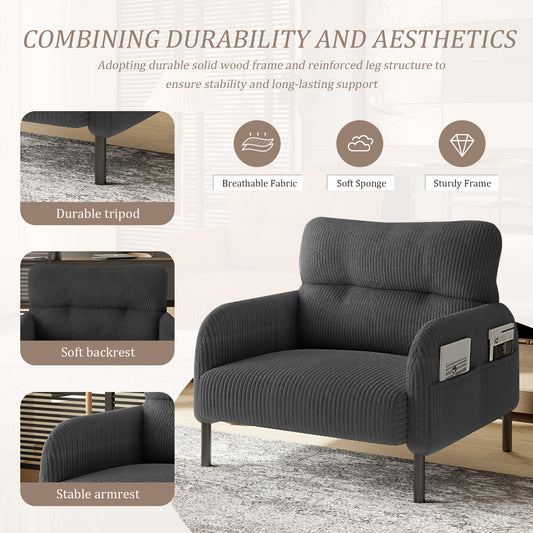 Grey Corduroy Wide-Seat Armchair with Side Pockets