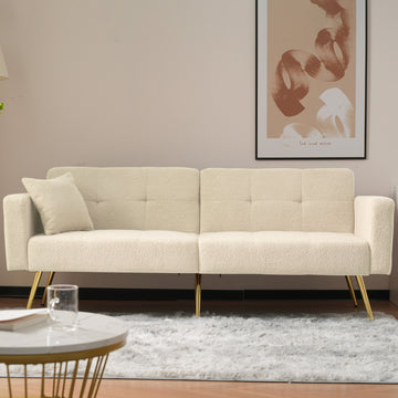 The Sofa Bed Has A Bed Function, Three Adjustable Backrest Angles, Gold Legs, Cushions And Side Storage Pockets.