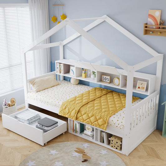 Children's House Bed with Storage – 3ft Single (90 x 190cm), Guardrail & Drawer, White