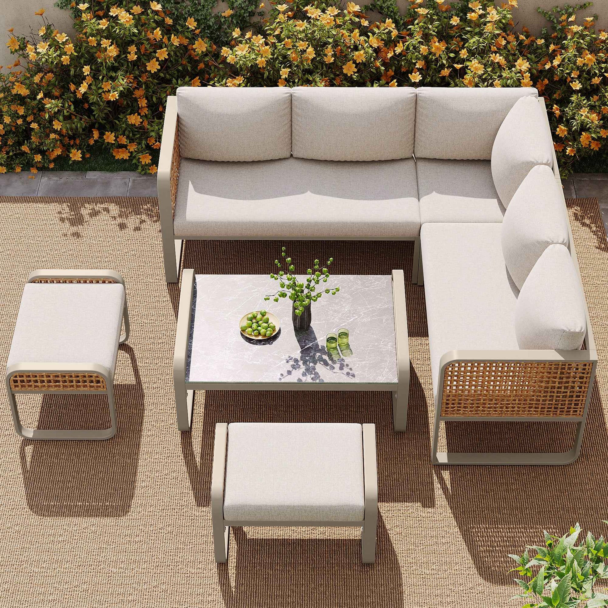 RIDO Outdoor Garden Lounge Set, Rattan Furniture Set For 6-7 People  Beige