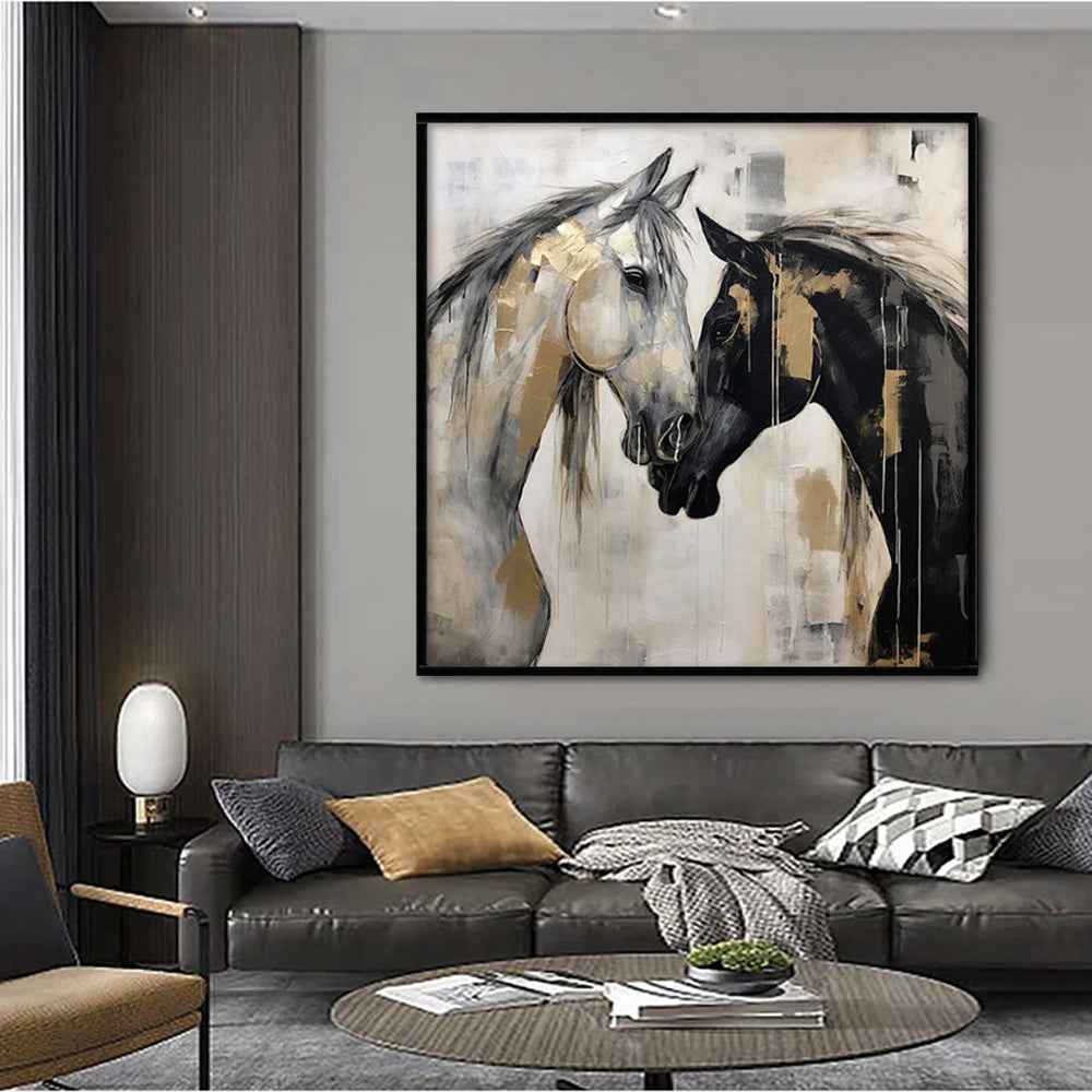 Hand-Painted  Canvas Wall Art Modern Black And White Horses