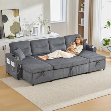 Dual Chaise Corner Sofa Bed with Storage – 4-Seater, USB Ports & Cup Holders, Dark Grey