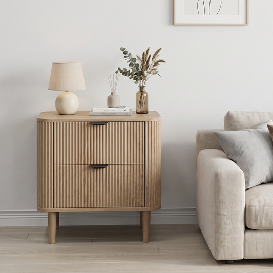 Farmhouse Bedside Table with 2 Drawers – Natural Oak Effect, 57cm