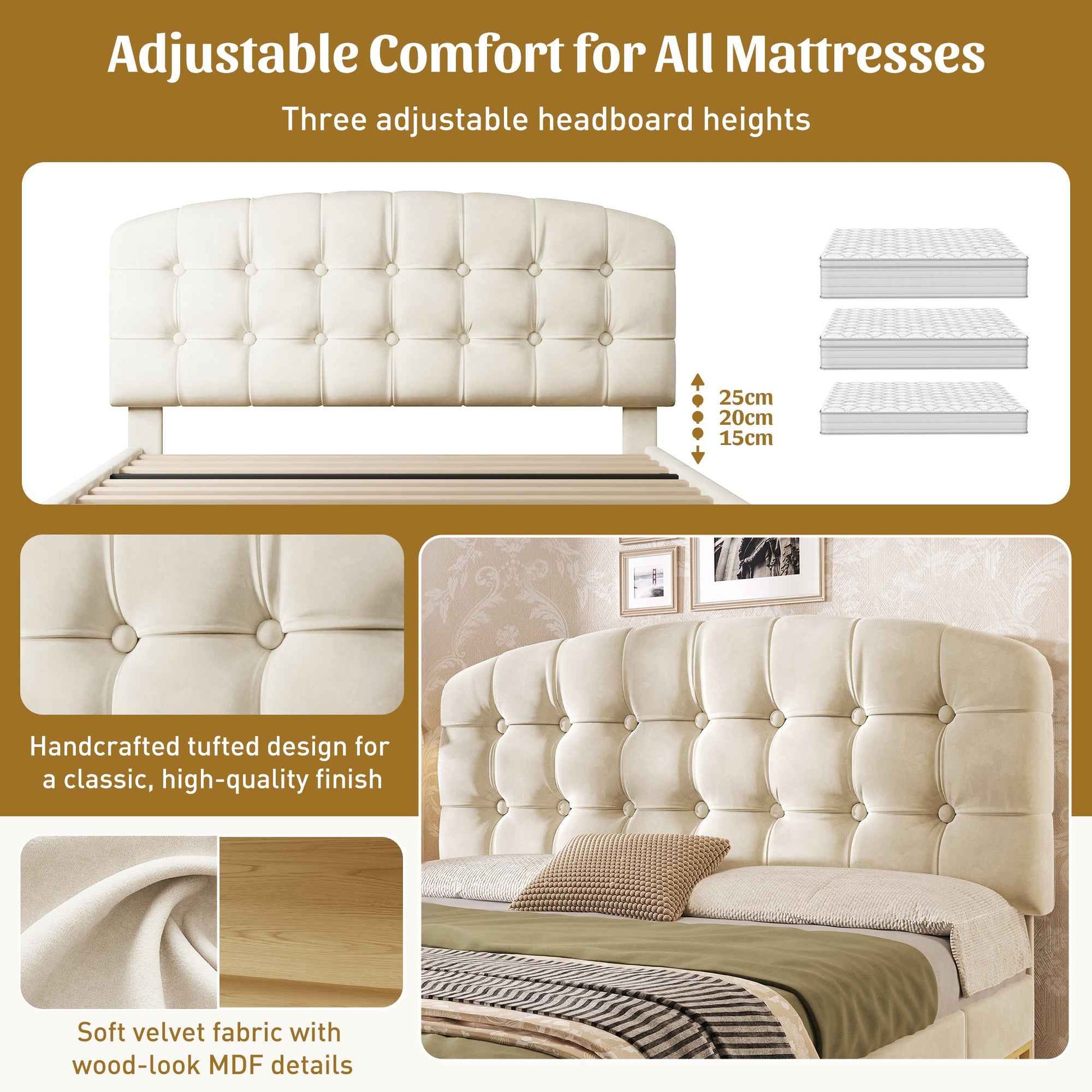 Upholstered King Bed With Storage Compartments And Drawers, 5ft King Bed With Adjustable Headboard, 150 X 200 Cm, Velvet, Beige   No Mattress