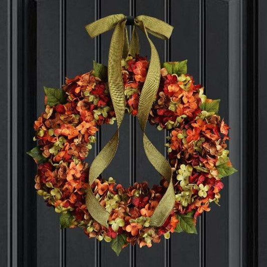 Handmade orange fabric hydrangea wreath – view 2