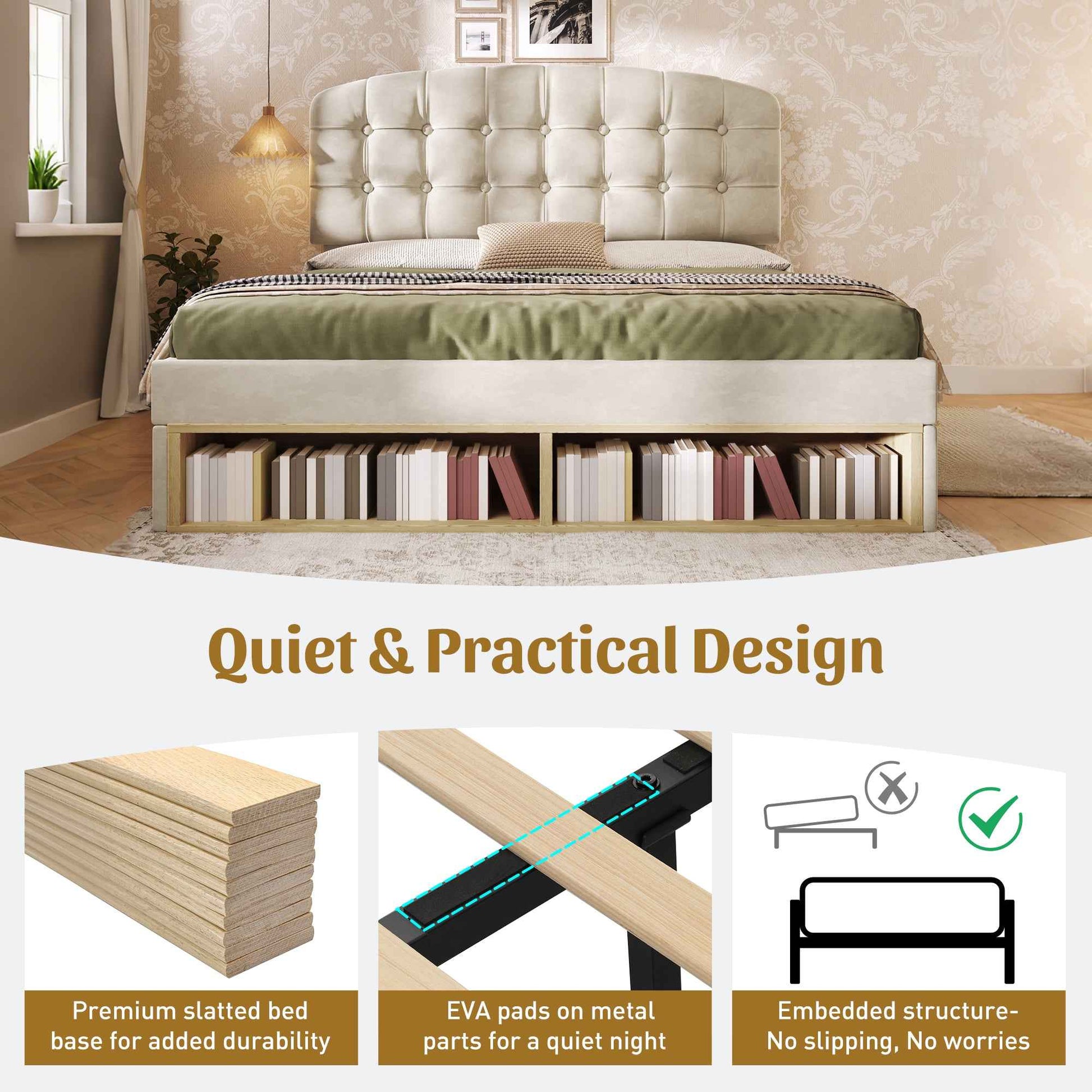 Upholstered King Bed With Storage Compartments And Drawers, 5ft King Bed With Adjustable Headboard, 150 X 200 Cm, Velvet, Beige   No Mattress