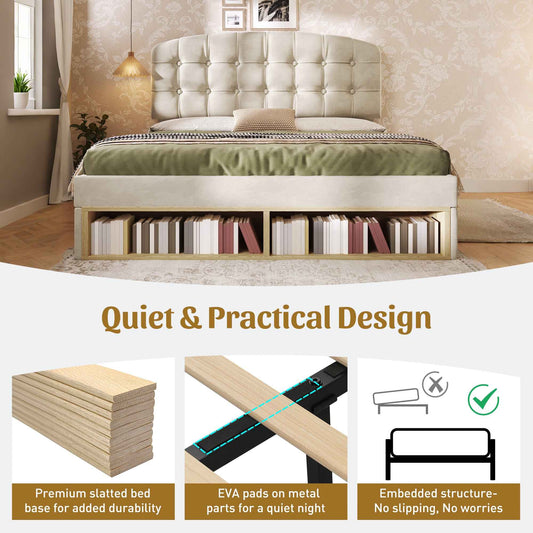 Upholstered King Bed With Storage Compartments And Drawers, 5ft King Bed With Adjustable Headboard, 150 X 200 Cm, Velvet, Beige   No Mattress