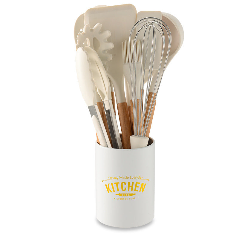 Creamy White Wooden Handle Silicone Kitchenware Set