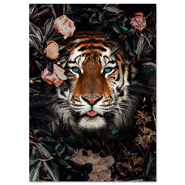 Wall Canvas Painting Animal Lion Tiger Bear Flowers