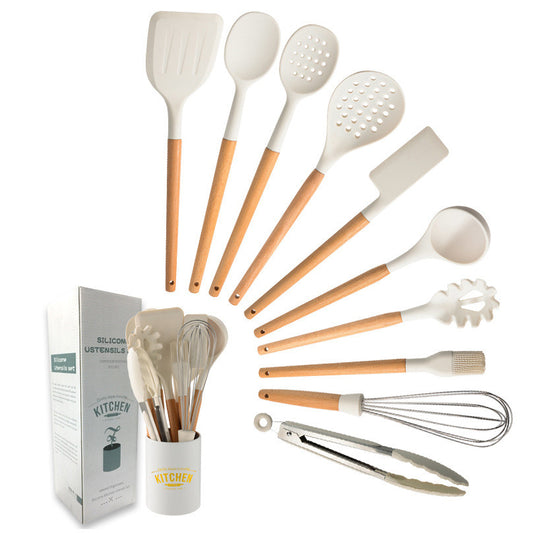 Creamy White Wooden Handle Silicone Kitchenware Set