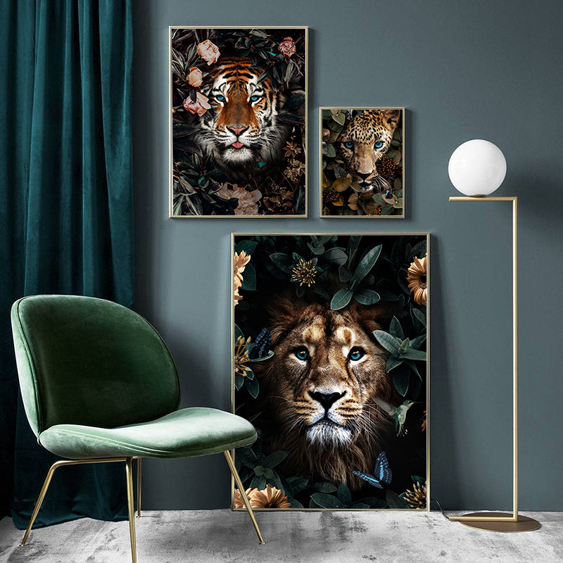 Wall Canvas Painting Animal Lion Tiger Bear Flowers