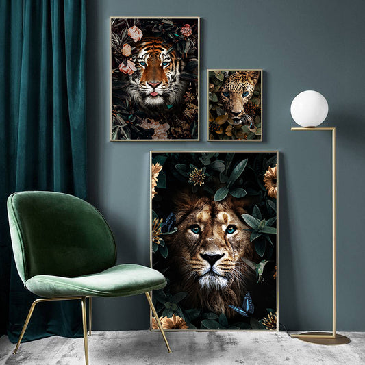 Wall Canvas Painting Animal Lion Tiger Bear Flowers