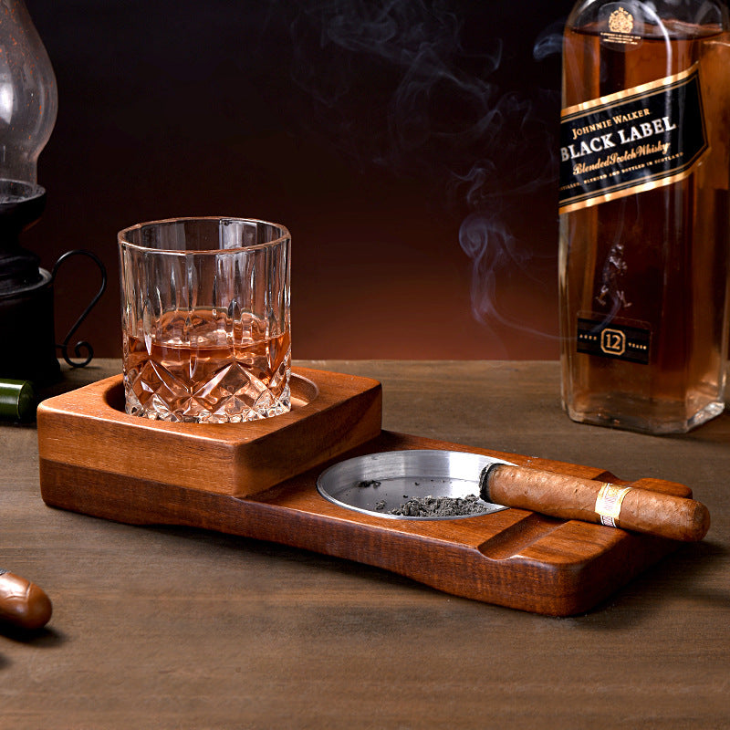 2 In 1 Wooden Ashtray Rustic Wood Whiskey Glass Cup Tray Holder