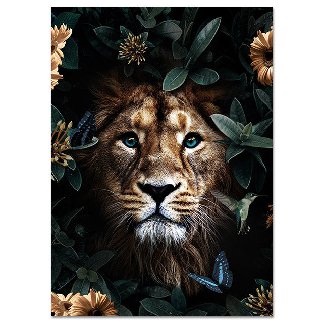 Wall Canvas Painting Animal Lion Tiger Bear Flowers