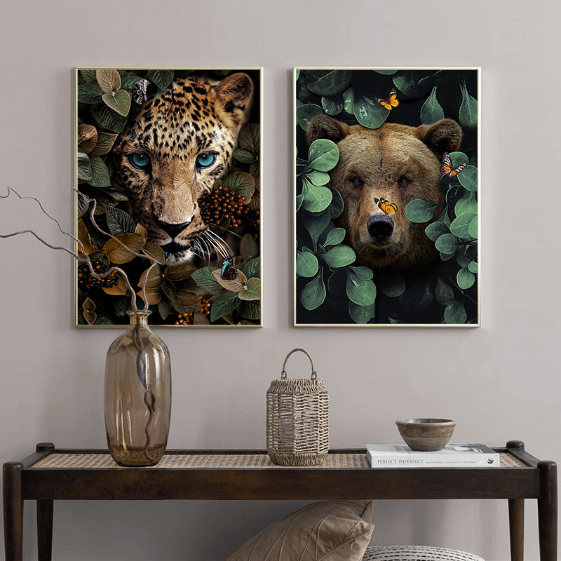 Wall Canvas Painting Animal Lion Tiger Bear Flowers