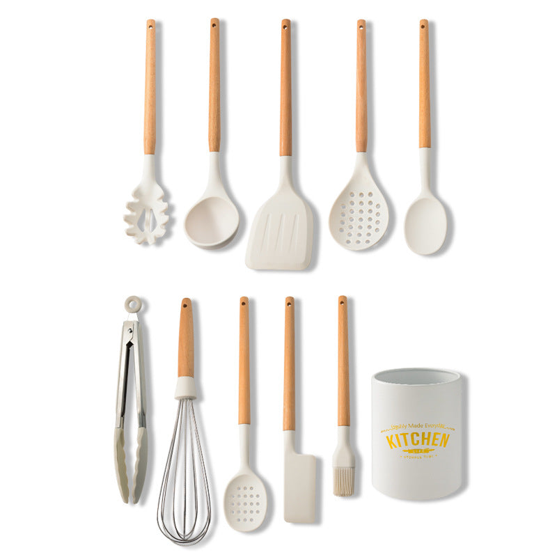 Creamy White Wooden Handle Silicone Kitchenware Set