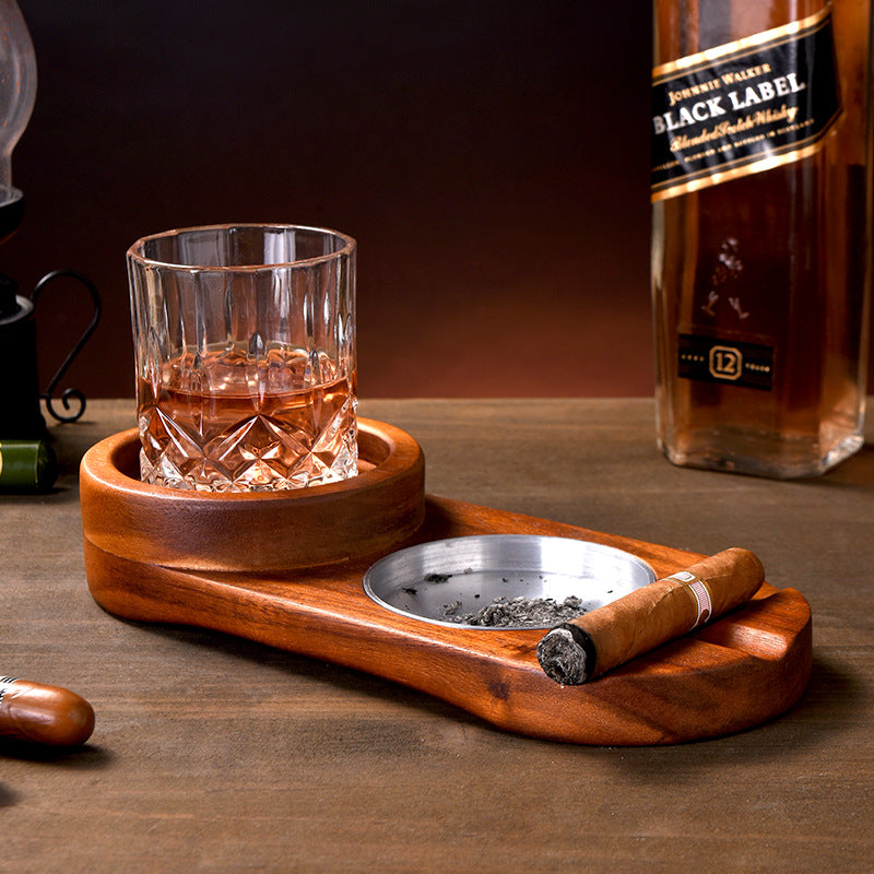 2 In 1 Wooden Ashtray Rustic Wood Whiskey Glass Cup Tray Holder