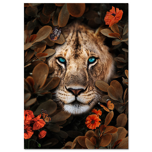 Wall Canvas Painting Animal Lion Tiger Bear Flowers